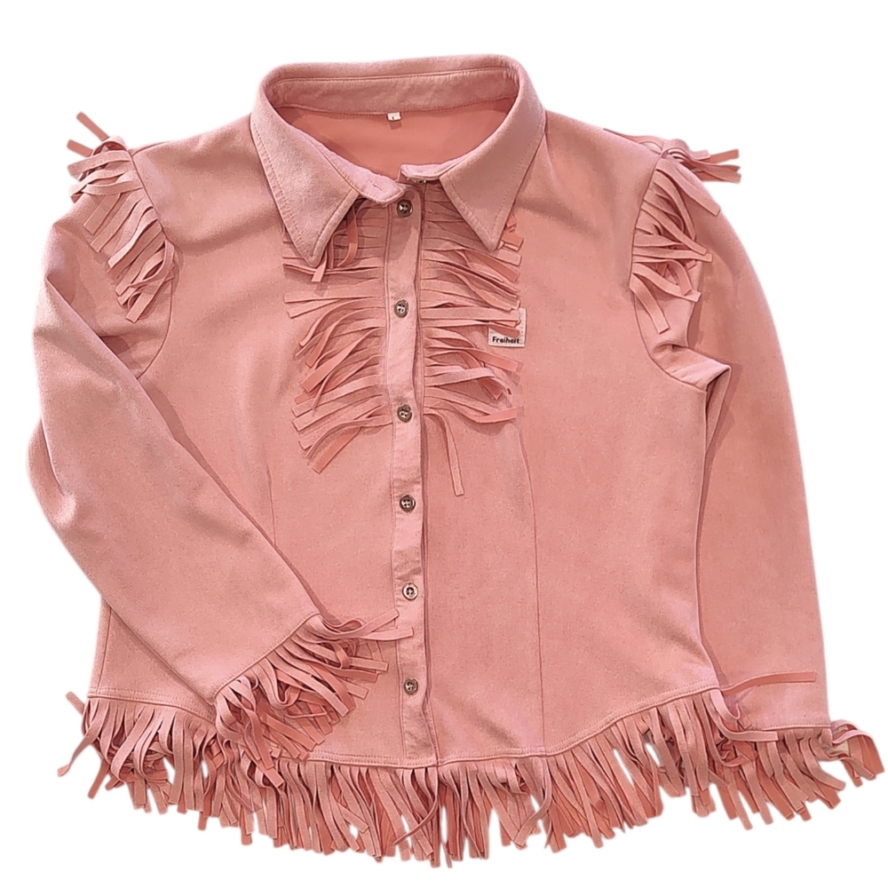 Western Fringe Shirt Jacket Cowgirl Peachy Pink Size Large Shacket Topper